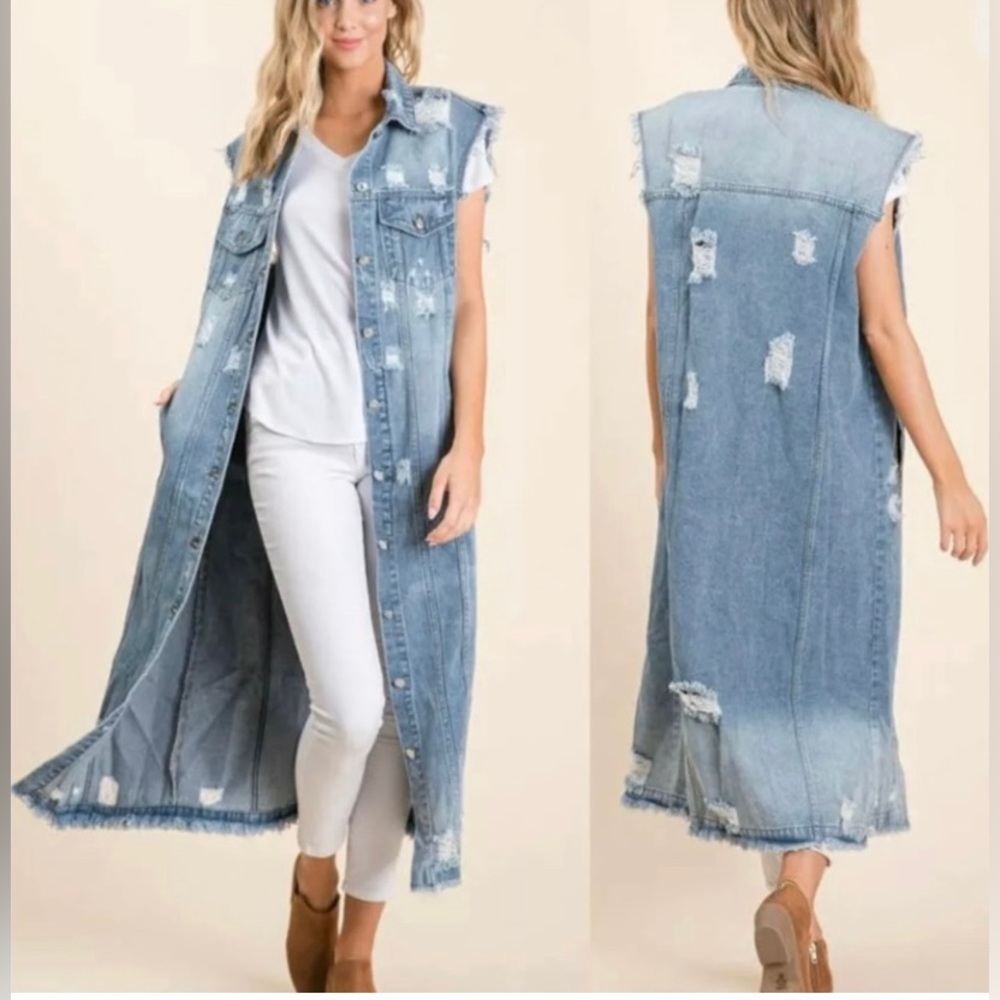Vervet MIDI Length Distressed Denim Vest -size L